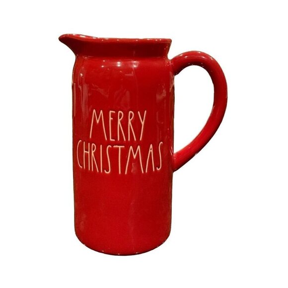 Rae Dunn MERRY CHRISTMAS Red Pitcher Vase Ceramic Holiday Home Decor Christmas - Picture 1 of 7